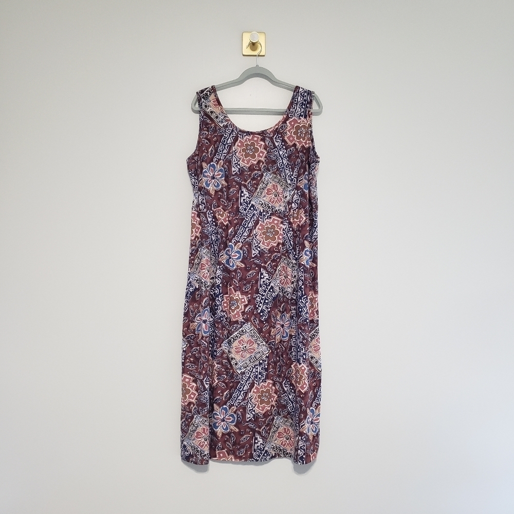 Vintage Hilo Hattie Floral Sleeveless Hawaiian Midi Dress XL Brown Blue Pocket